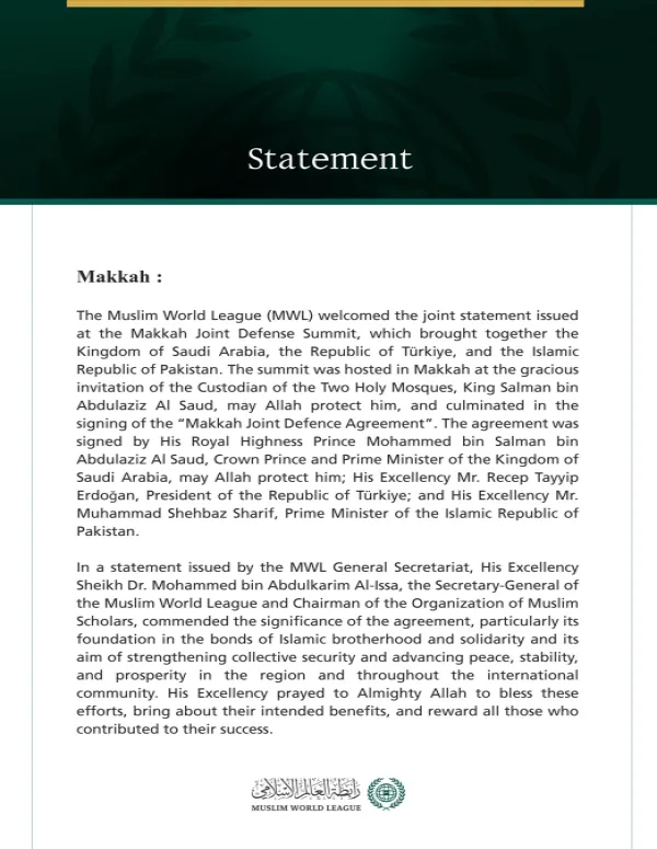 Muslim World League Welcomes the Makkah Joint Defence Agreement Between Saudi Arabia, Türkiye, and Pakistan