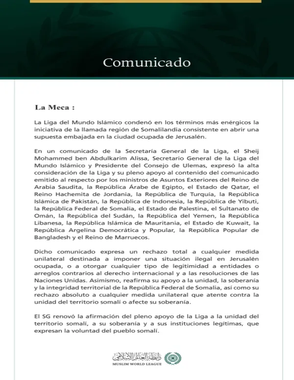 La Liga del Mundo Islamico condena la iniciativa de la llamada región de « Somalilandia » destinada a abrir una supuesta embajada en la ciudad ocupada de Jerusalén.