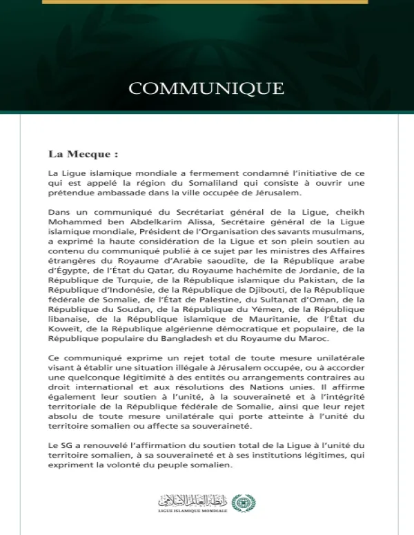La Ligue islamique mondiale condamne l’initiative de ce qui est appelé la région du « Somaliland » qui vise à ouvrir une prétendue ambassade dans la ville occupée de Jérusalem.