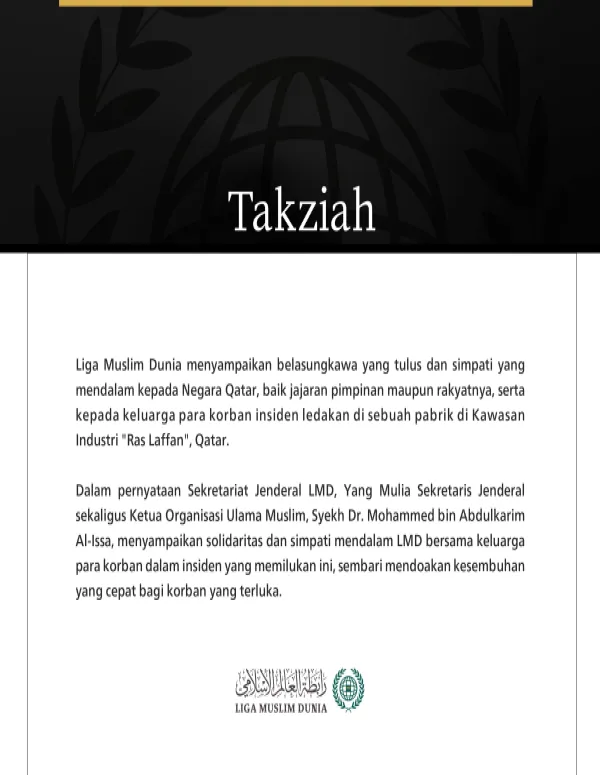 Liga Muslim Dunia Sampaikan Belasungkawa atas Korban Ledakan Pabrik di Kawasan Ras Laffan, Qatar