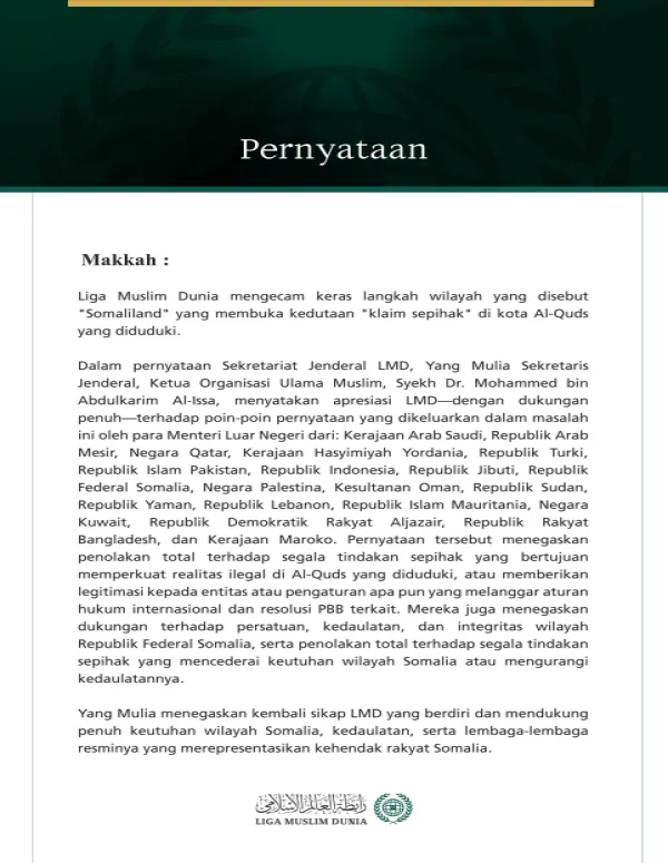 Liga Muslim Dunia Kecam Langkah Wilayah yang Disebut "Somaliland" atas Pembukaan Kedutaan "Klaim Sepihak" di Kota Al-Quds yang Diduduki