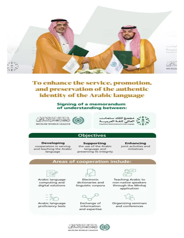 To enhance institutional cooperation and achieve shared goals in serving the Arabic language, the Muslim World League and the King Salman Global Academy for Arabic Language signed a memorandum of understanding. Here are the key highlights: