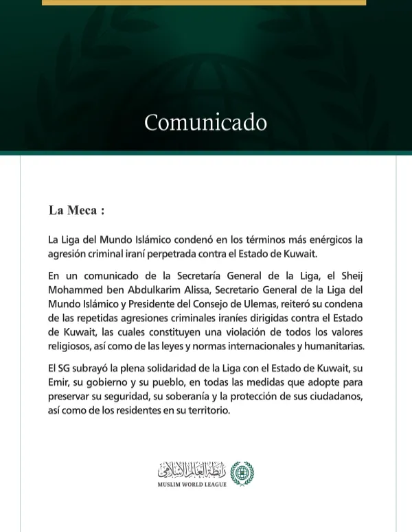 La Liga del Mundo Islámico condena la agresión criminal iraní contra el Estado de Kuwait