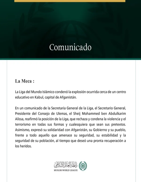 La Liga del Mundo Islámico condena la explosión ocurrida cerca de un centro educativo en Kabul
