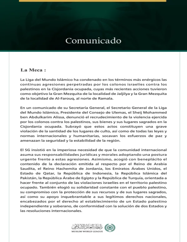 La Liga del Mundo Islámico condena las crecientes agresiones de los colonos contra los palestinos en la Cisjordania ocupada.