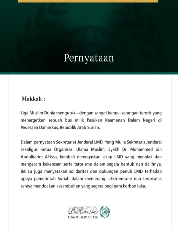Liga Muslim Dunia Mengecam Serangan Teroris yang Menargetkan Bus Keamanan Dalam Negeri di Pedesaan Damaskus