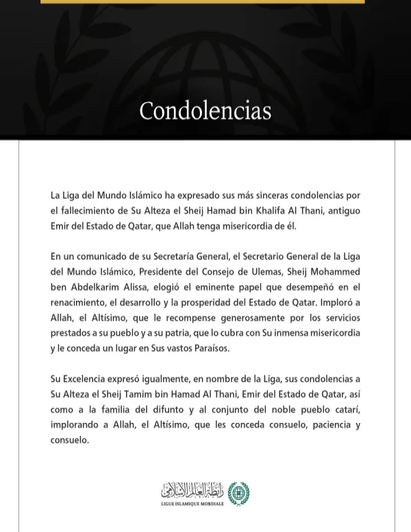 La Liga del Mundo Islámico presenta sus condolencias por el fallecimiento del antiguo Emir del Estado de Qatar