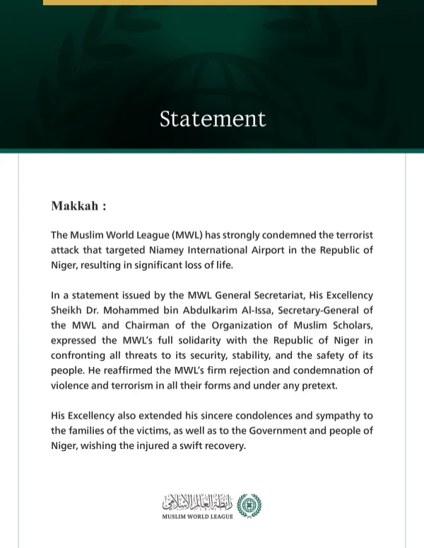 The Muslim World League Condemns Terrorist Attack Targeting Niamey International Airport
