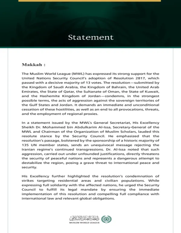 The Muslim World League Welcomes UN Security Council Resolution Condemning Aggression Against Gulf States and Jordan