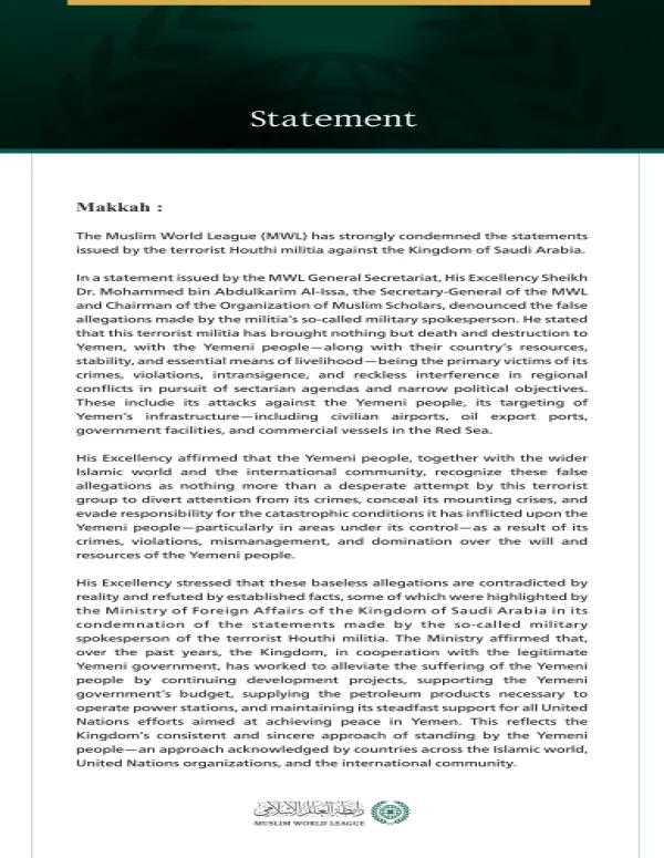 The MWL Condemns Terrorist Houthi Militia’s Statements Against the Kingdom of Saudi Arabia