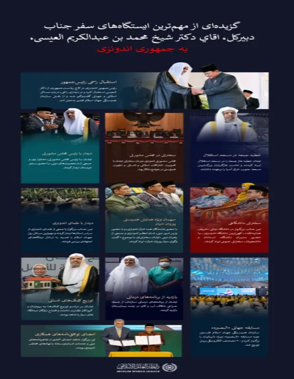 گزيده اي از تصاوير مهم‌ترین ایستگاه‌های سفر جناب دبیرکل، رئیس انجمن علمای مسلمان، اقاي دكتر ‌شيخ محمد العيسى به جمهوری اندونزی، را مشاهده كنيد .