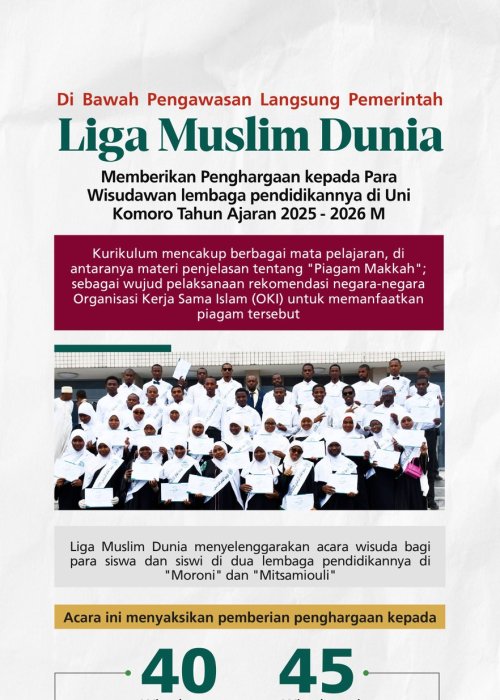 Ketahui detail apresiasi Liga Muslim Dunia terhadap para wisudawan lembaga pendidikannya di Uni Komoro, serta kehadirannya di bidang pendidikan di seluruh penjuru republik dengan sambutan dan pengawasan langsung dari pemerintah.