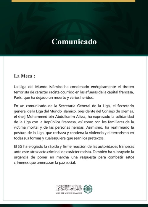 La Liga del Mundo Islámico condena el atentado terrorista de carácter racista perpetrado al suroeste de París