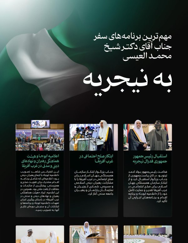 اینجا... مهم‌ترین بخش‌های سفر جناب دبیرکل، رئیس انجمن علمای مسلمان، اقای دکتر شیخ دکتر محمد العیسی، به نیجریه: