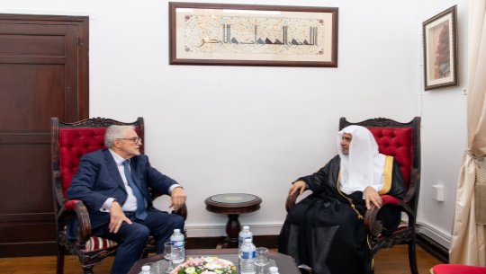 His Eminence Chems-Eddine Hafiz, the rector of the Grand Mosque of Paris, receives His Excellency Sheikh Dr. Mohammed Al-Issa at the historical mosque