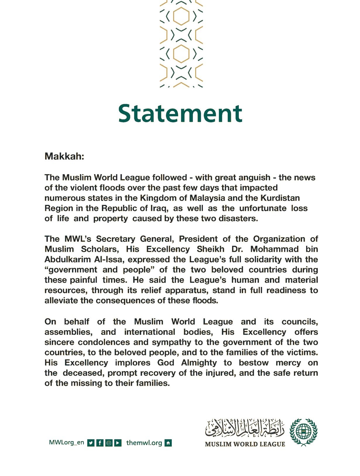Statement from the Muslim World League on the floods in the Kingdom of Malaysia and the Kurdistan Region in the Republic of Iraq: