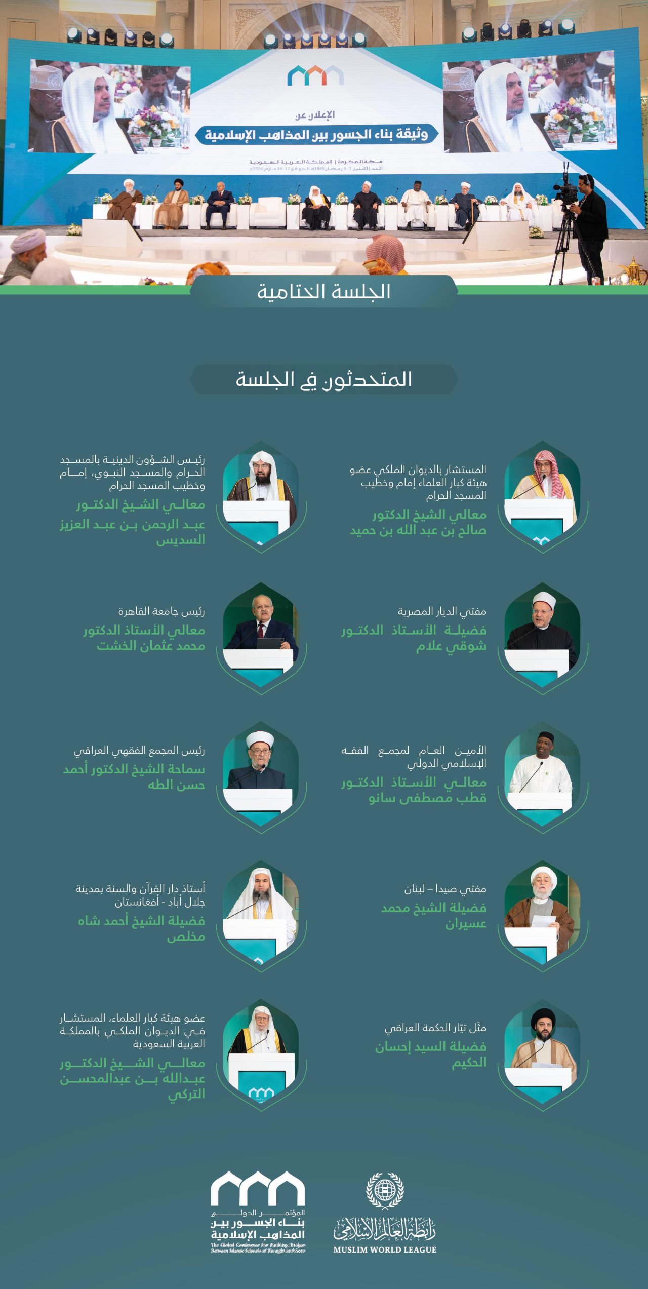 برئاسة معالي الأمين العام، رئيس هيئة علماء المسلمين، فضيلة الشيخ د.⁧‫محمد العيسى‬⁩؛ المتحدثون في الجلسة الافتتاحيَّة لمؤتمر: &quot;بناء الجسور بين المذاهب الإسلامية&quot;: