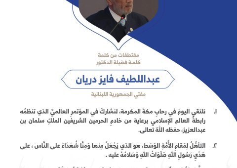 فضيلة مفتي جمهورية ⁧لبنان⁩ الشيخ د. عبداللطيف دريان مخاطباً 1200 شخصية إسلامية من 139 دولة في ⁧مؤتمر وثيقة مكة المكرمة⁩:
