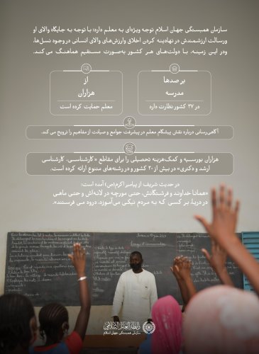 ‏از آنان مراقبت می‌ کنیم وتوانمندشان می‌ سازیم تا در پرورش نسل‌هایی آگاه سهیم باشند؛ نسل‌هایی که جوامع خود را به پیش ببرند وبا یاری خداوند، آینده خود را بسازند.  ‏روز جهانی معلم