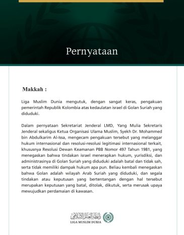 Liga Muslim Dunia Mengutuk Pengakuan Pemerintah Kolombia atas Kedaulatan israel di Golan Suriah yang Diduduki