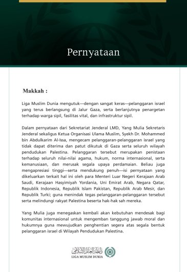 Liga Muslim Dunia Mengutuk Pelanggaran israel yang Terus Berlanjut di Jalur Gaza