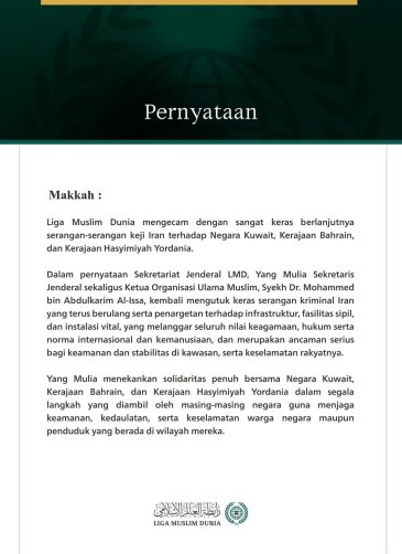 Liga Muslim Dunia Mengecam Berlanjutnya Agresi Keji Iran terhadap Kuwait, Bahrain, dan Yordania