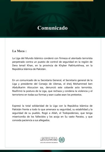 La Liga del Mundo Islámico condena el atentado terrorista contra un puesto de control de seguridad en la provincia paquistaní de Khyber Pakhtunkhwa.