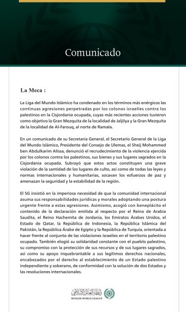 La Liga del Mundo Islámico condena las crecientes agresiones de los colonos contra los palestinos en la Cisjordania ocupada.