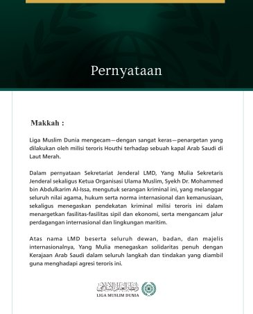Liga Muslim Dunia Mengecam Aksi Penargetan Milisi Teroris Houthi terhadap Kapal Arab Saudi