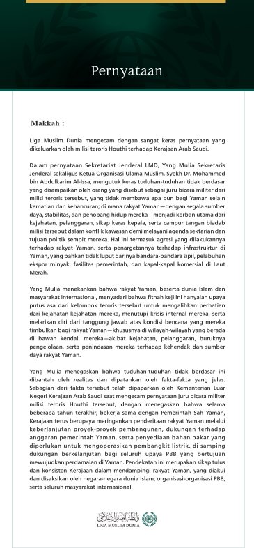 Liga Muslim Dunia Mengecam Pernyataan Milisi Teroris Houthi terhadap Kerajaan Arab Saudi