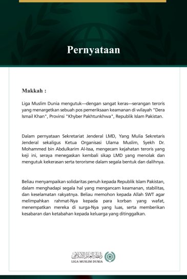 Liga Muslim Dunia Mengutuk Serangan Teroris yang Menargetkan Pos Pemeriksaan Keamanan di Provinsi Khyber Pakhtunkhwa, Pakistan