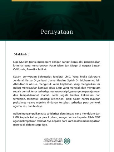 Liga Muslim Dunia Kecam Serangan Mengerikan terhadap Pusat Islam "San Diego"