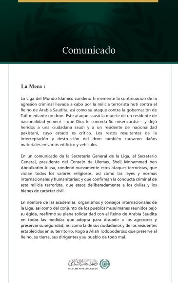 La Liga del Mundo Islámico condena la continuación de los ataques criminales de la milicia terrorista hutí contra el Reino de Arabia Saudita.