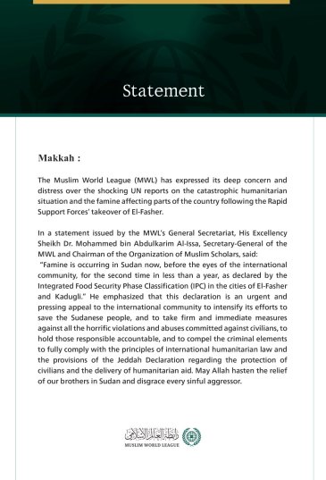The Muslim World League Expresses Its Distress over Shocking UN Reports of Famine in Sudan