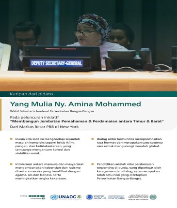 Kutipan dari pidato Yang Mulia Ny. Amina Mohammed, Wakil Sekretaris Jenderal Perserikatan Bangsa-Bangsa, pada peluncuran inisiatif "Membangun Jembatan Pemahaman & Perdamaian antara Timur & Barat", dari Markas Besar PBB di New York:
