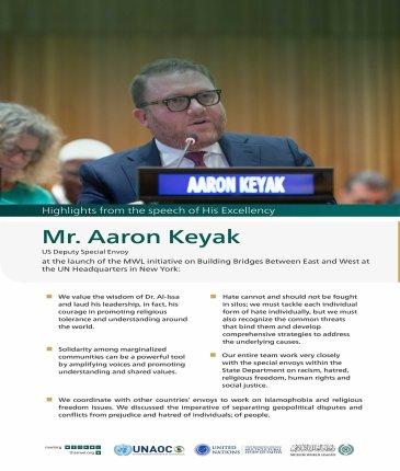 Highlights from the speech of His Excellency Mr. Aaron Keyak, US Deputy Special Envoy, at the launch of the MWL initiative on Building Bridges between East and West at the UN headquarters in New York: