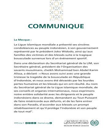Communiqué de la #LigueIslamiqueMondiale :