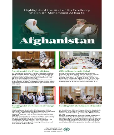 Visit Of Sheikh Alissa to Kabul  Our message: Islamic Solidarity and Unity  Highlights from the visit of H.E. Sheikh Dr. Mohammed Alissa, Secretary-General of the Muslim World League (MWL), to Afghanistan.