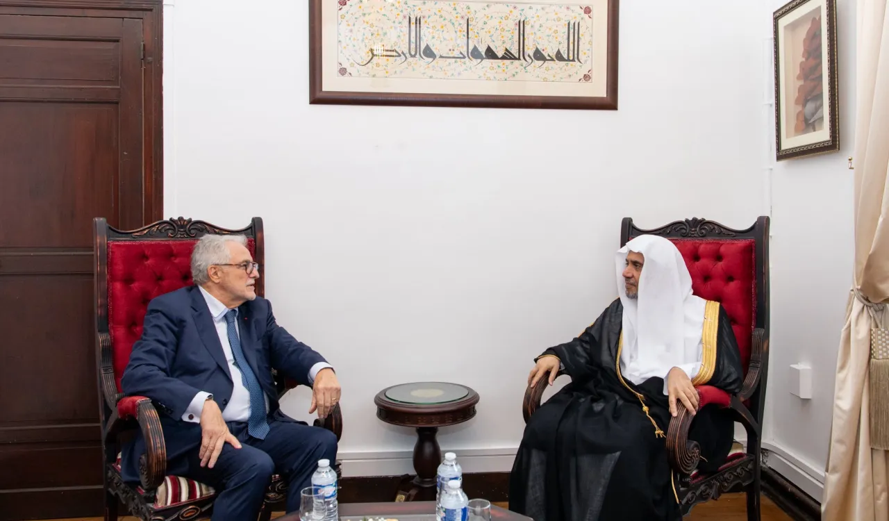 His Eminence Chems-Eddine Hafiz, the rector of the Grand Mosque of Paris, receives His Excellency Sheikh Dr. Mohammed Al-Issa at the historical mosque