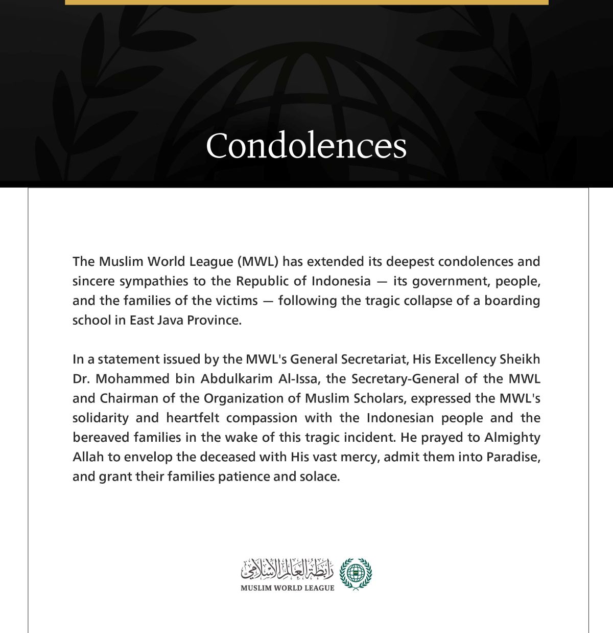The Muslim World League (MWL) Extends Condolences to Indonesia over East Java School Collapse Victims