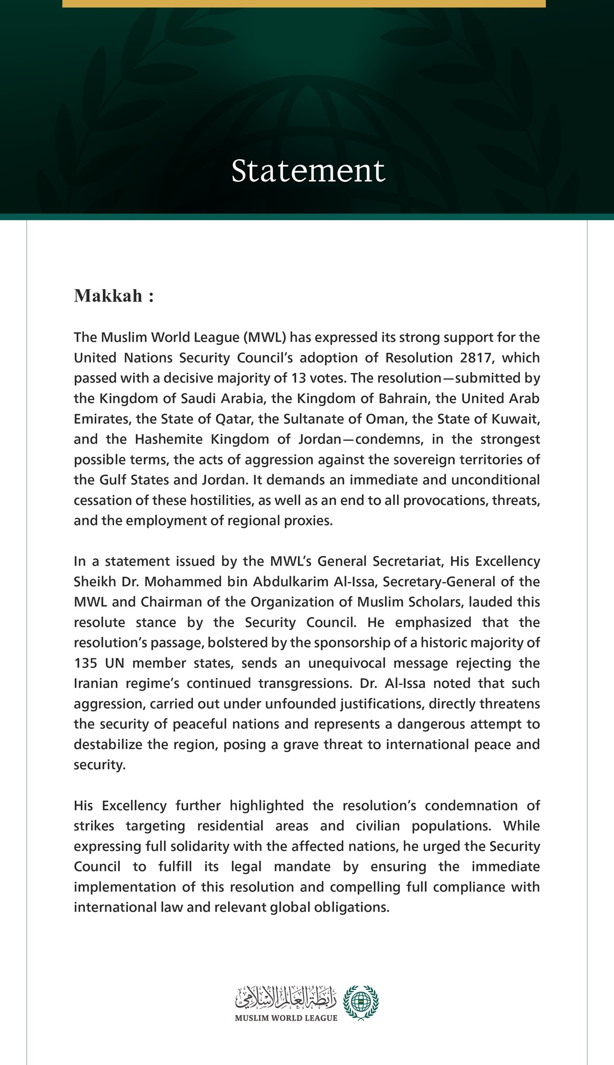 The Muslim World League Welcomes UN Security Council Resolution Condemning Aggression Against Gulf States and Jordan